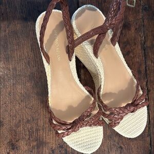 ANTONIO MELANI Tan and Cream Braided Wedges